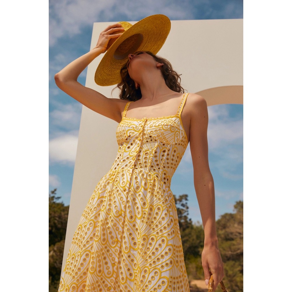 JARDINVUE Lace Buttoned Ruffle Hem Cami Midi Dress Yellow Embroidered X-Small - Picture 5 of 15